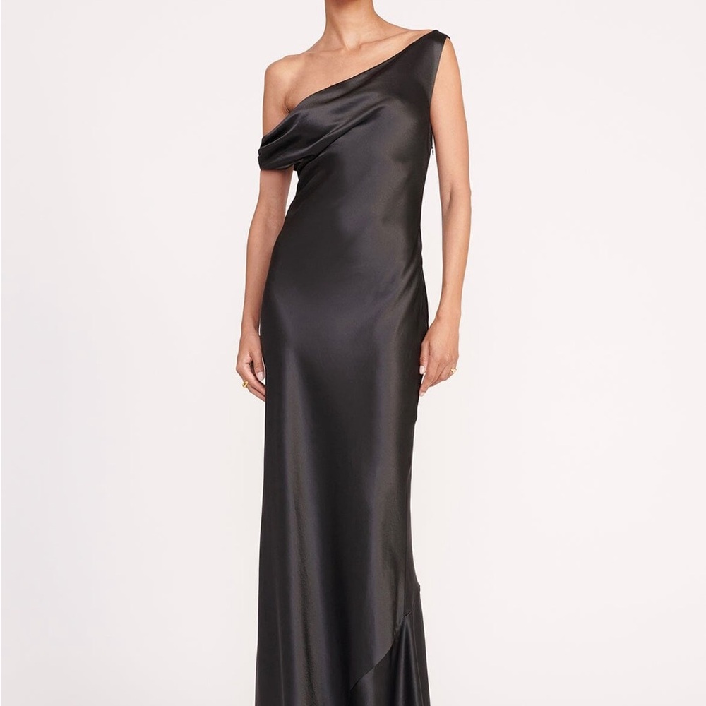 STAUD Ashanti Black Satin One-Shoulder Maxi Dress